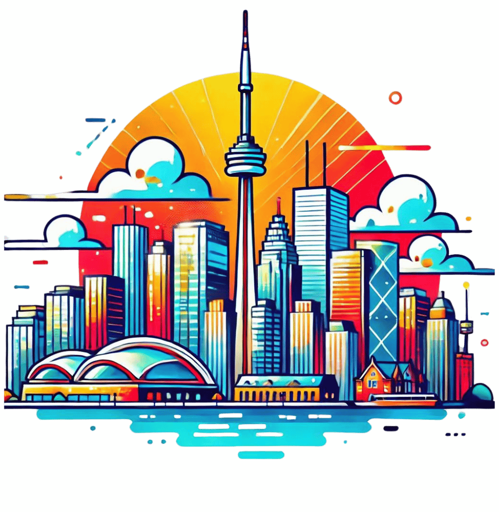 Artistic and animated depiction of the Canadian real estate market, with a background of the Toronto housing landscape.